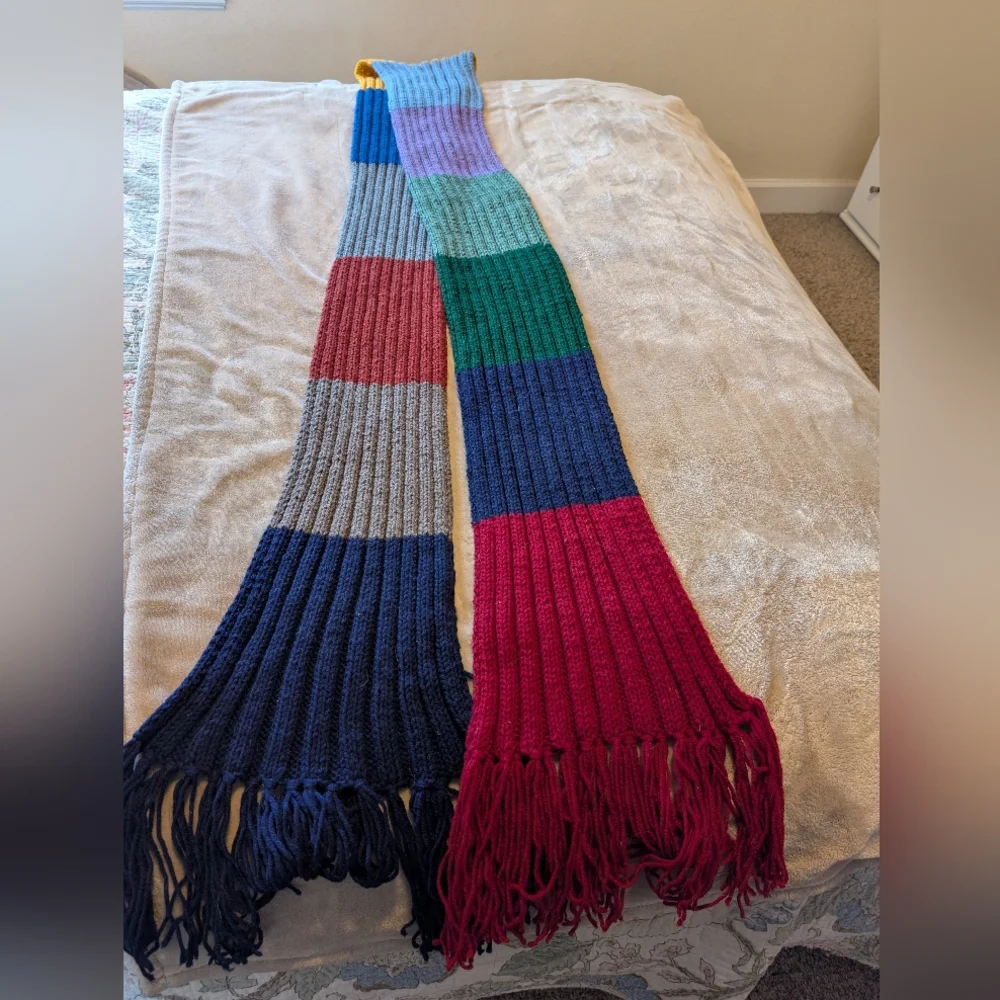 Hand Knit Ribbed Dr. Who Style Color Block Scarf With Fringe